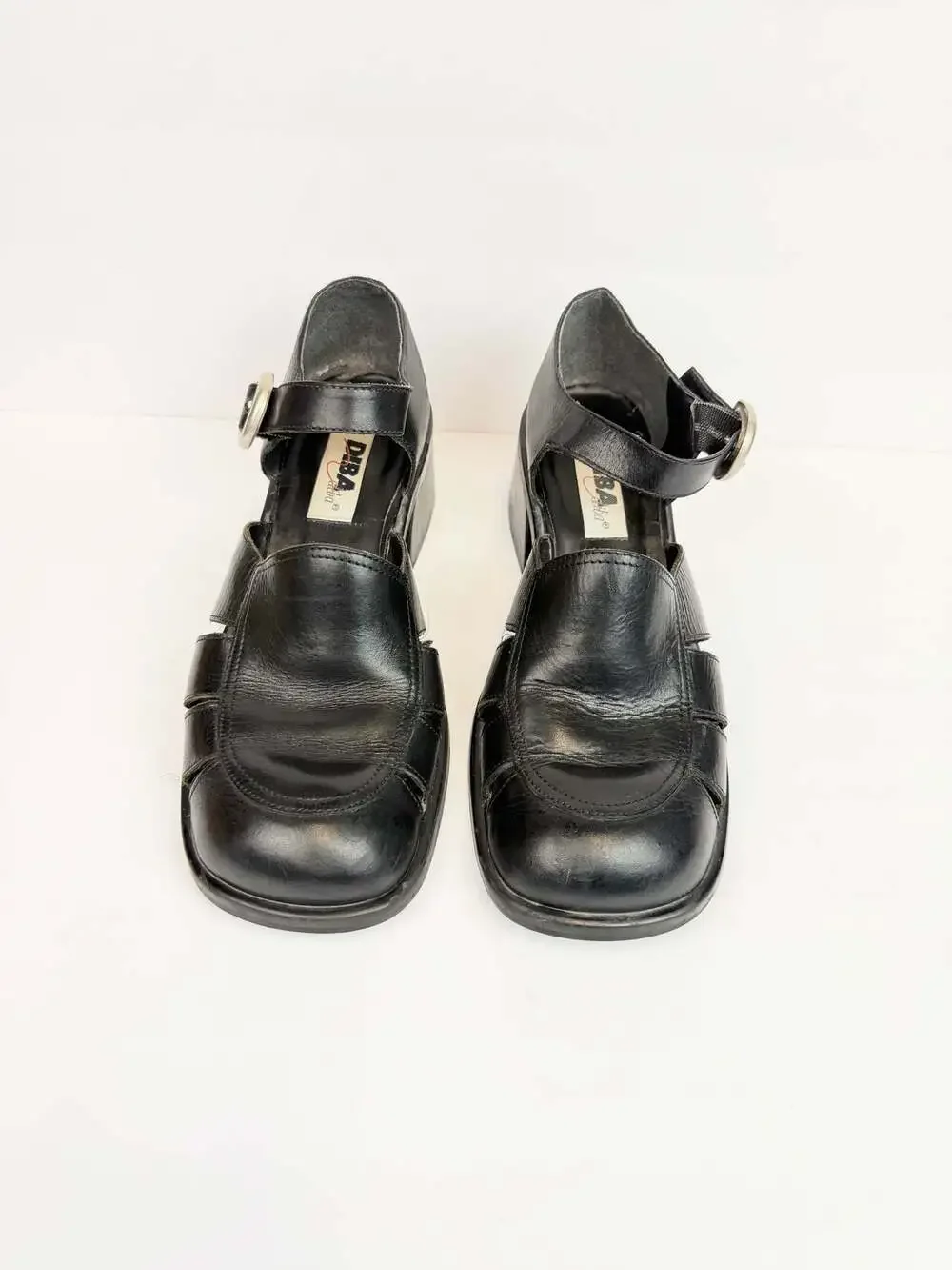 Diba Black Leather Fisherman Chunky Heel Mary Jane Sandals Size 9